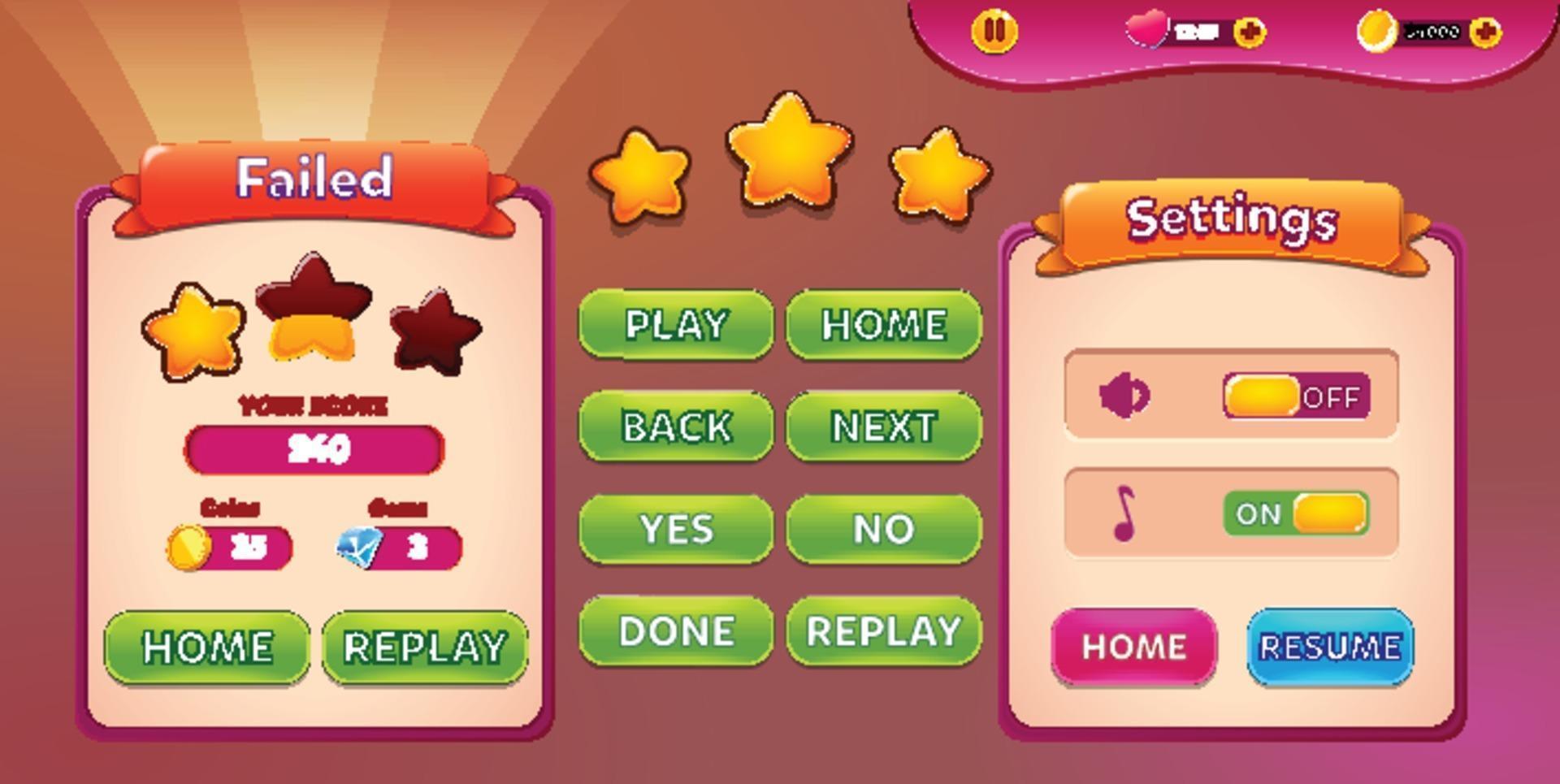 Level selection game menu scene with buttons  loading bar and stars Pro Vector