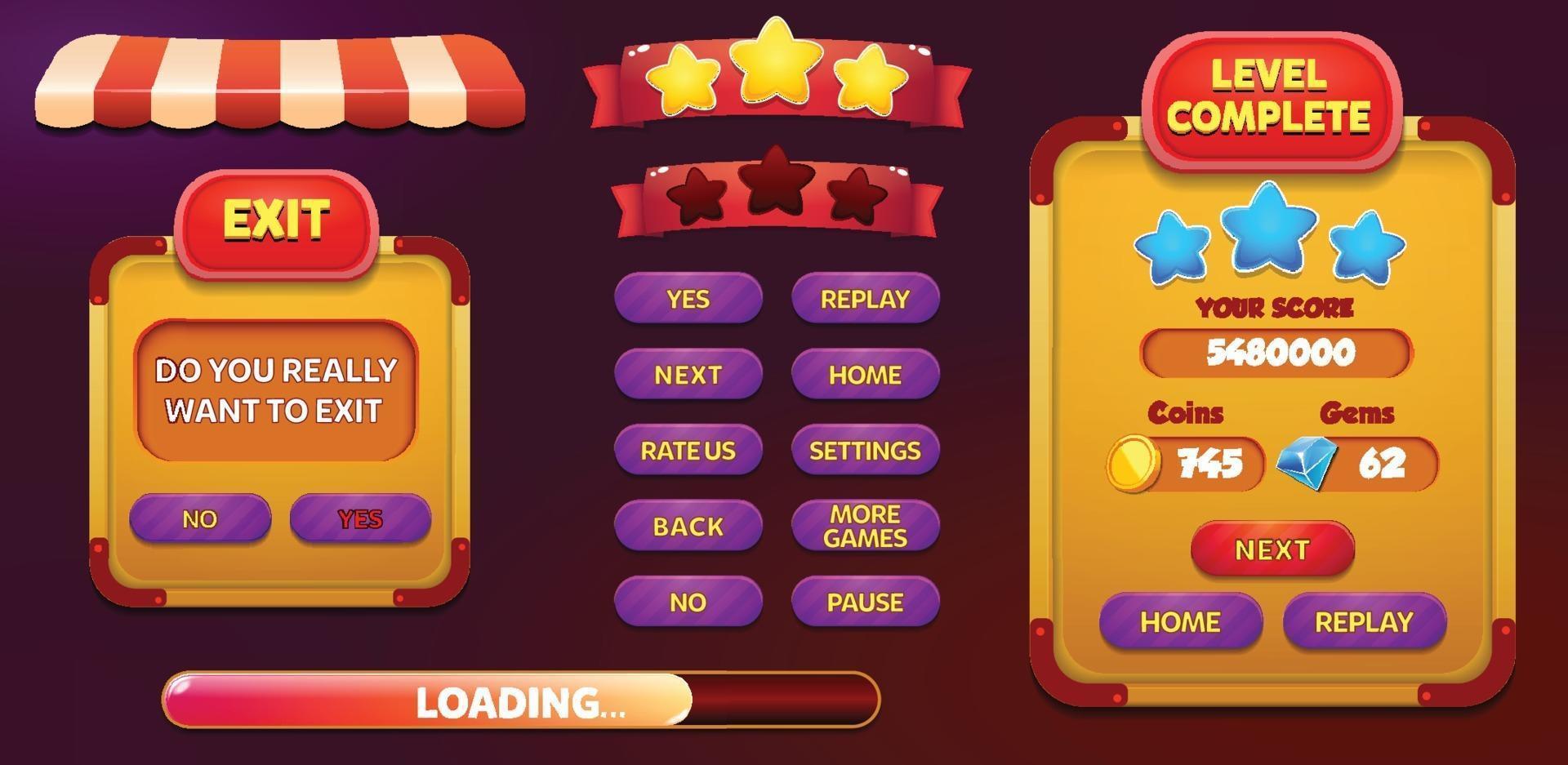 Level selection game menu scene with buttons  loading bar and stars Pro Vector