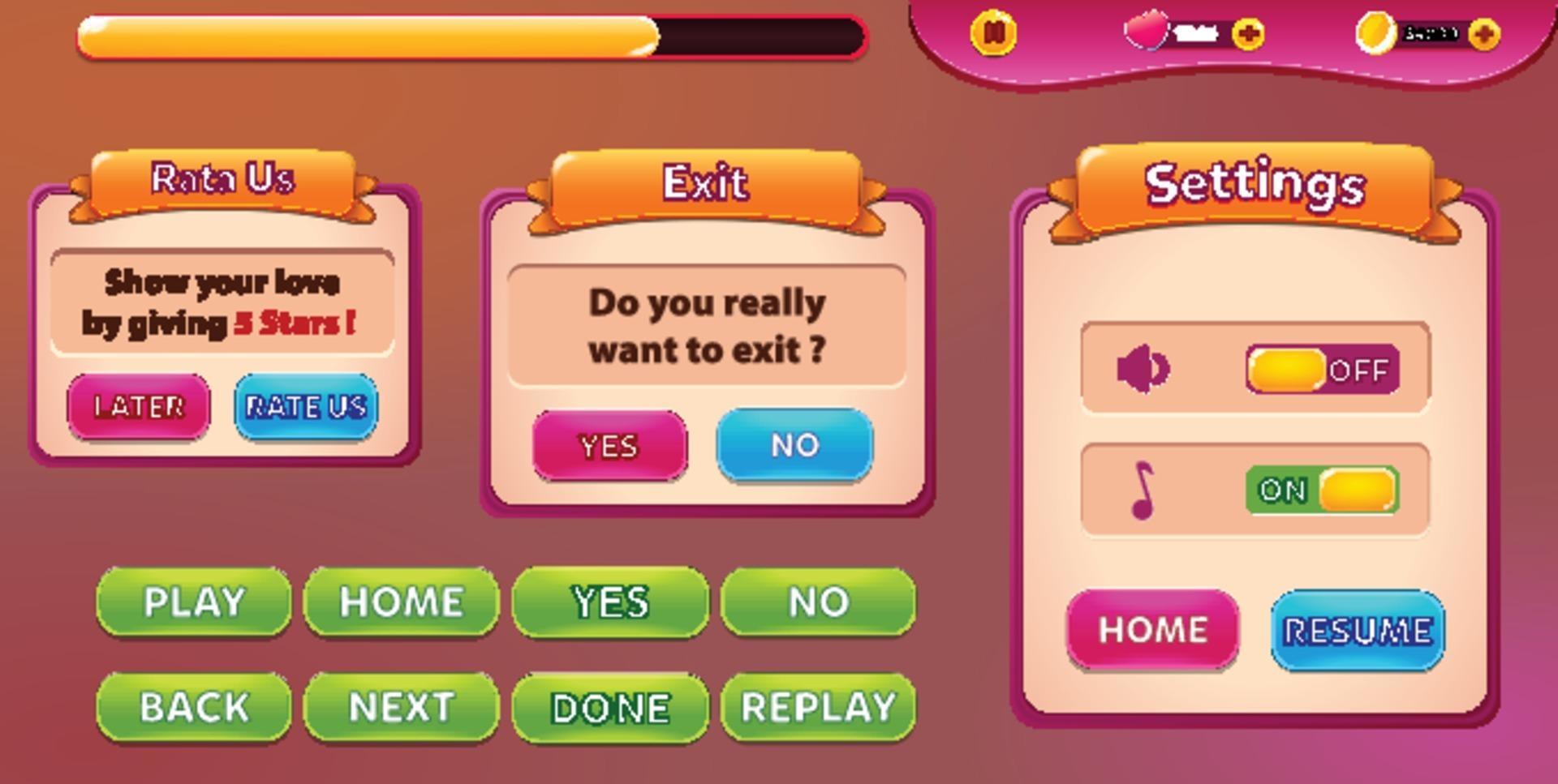 Level selection game menu scene with buttons loading bar and stars Pro