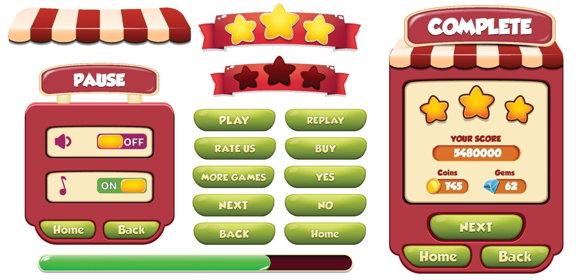 Level selection game menu scene with buttons  loading bar and stars Pro Vector