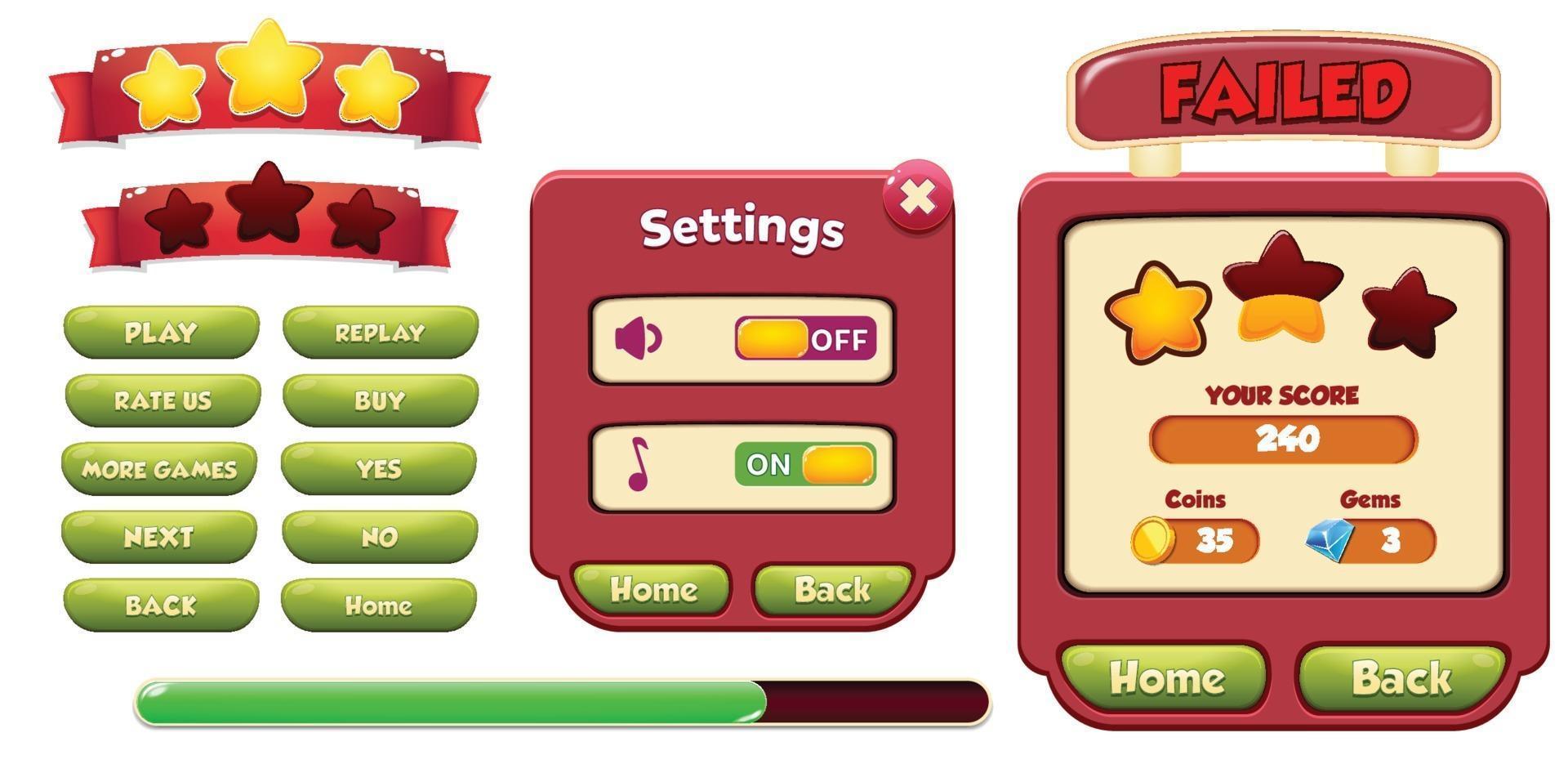Level selection game menu scene with buttons  loading bar and stars Pro Vector