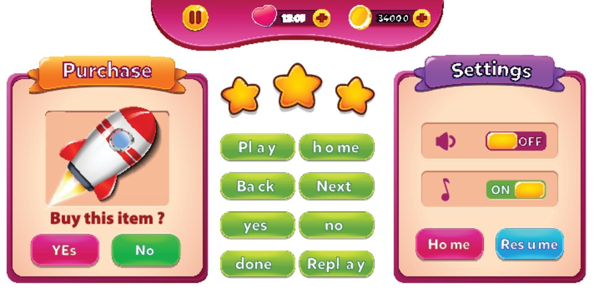 Level selection game menu scene with buttons  loading bar and stars Pro Vector