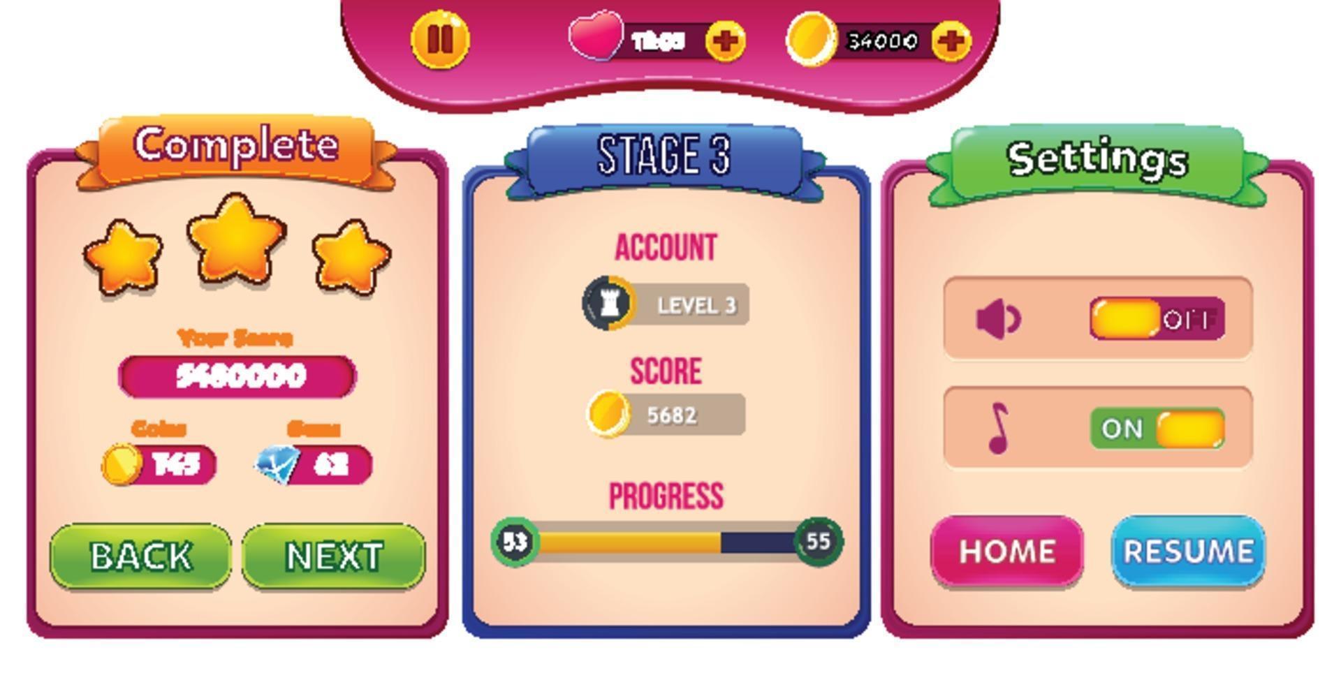 Level selection game menu scene with buttons  loading bar and stars Pro Vector