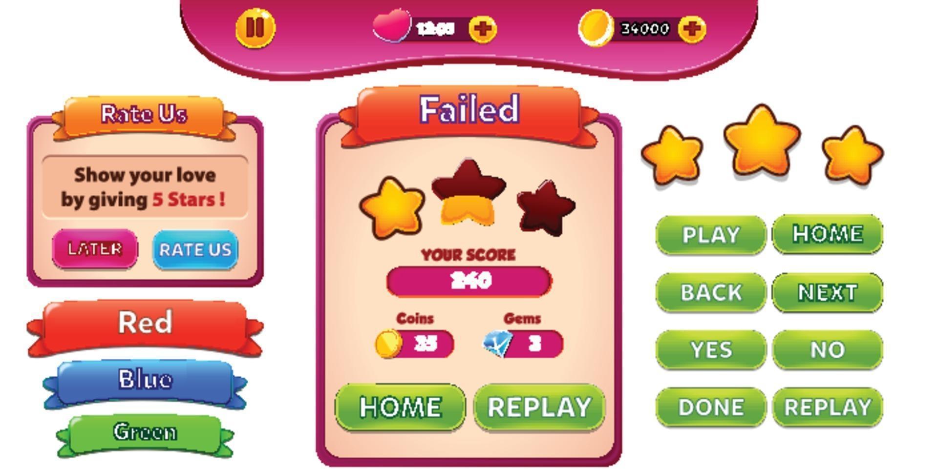 Level selection game menu scene with buttons  loading bar and stars Pro Vector