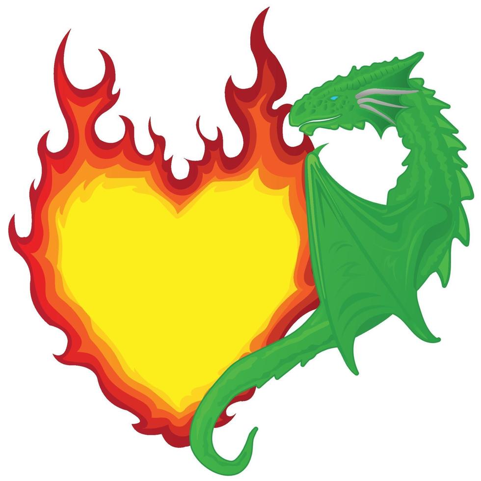 Single dragon holding on to the heart in the form of a burning flame vector