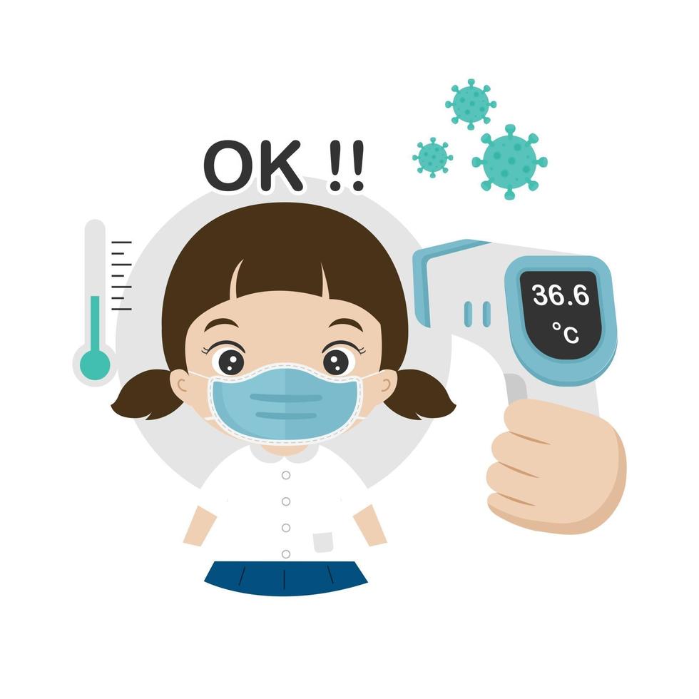 Kids measuring body temperature and wearing a face mask vector illustration