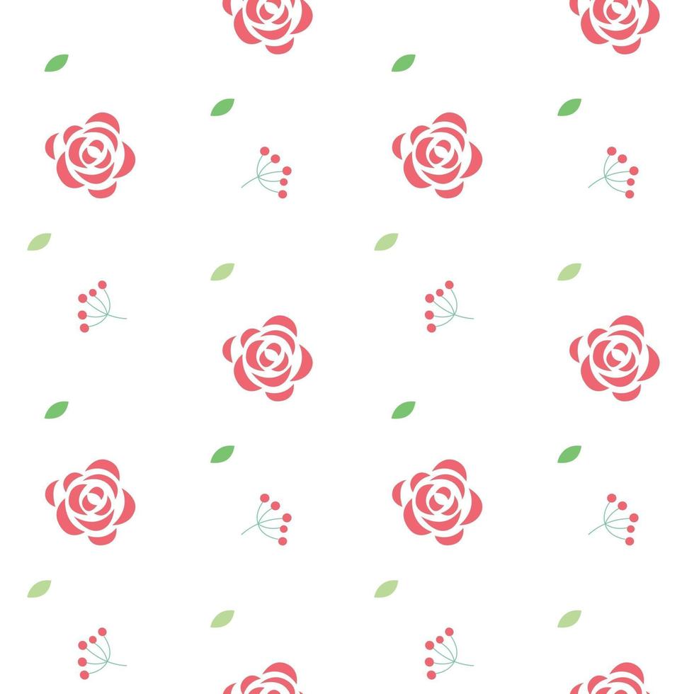 Vector seamless floral pattern of red roses green leaves and small red berries on a transparent background Flat style