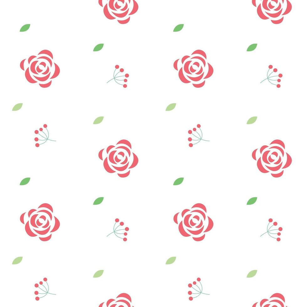 Vector seamless floral pattern of red roses green leaves and small red berries on a transparent background Flat style