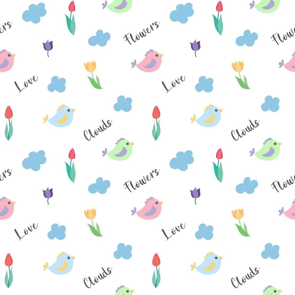 Vector seamless childish pattern of colorful birds colorful tulips and blue clouds on a transparent background with the words Love Clouds Flowers