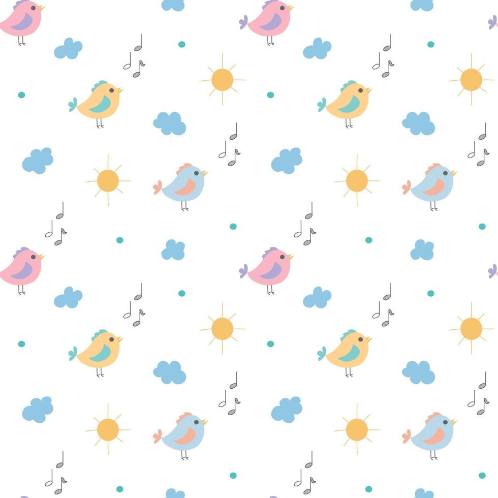 Vector seamless childrens pattern of multicolored singing birds sun and clouds on a transparent background Flat style