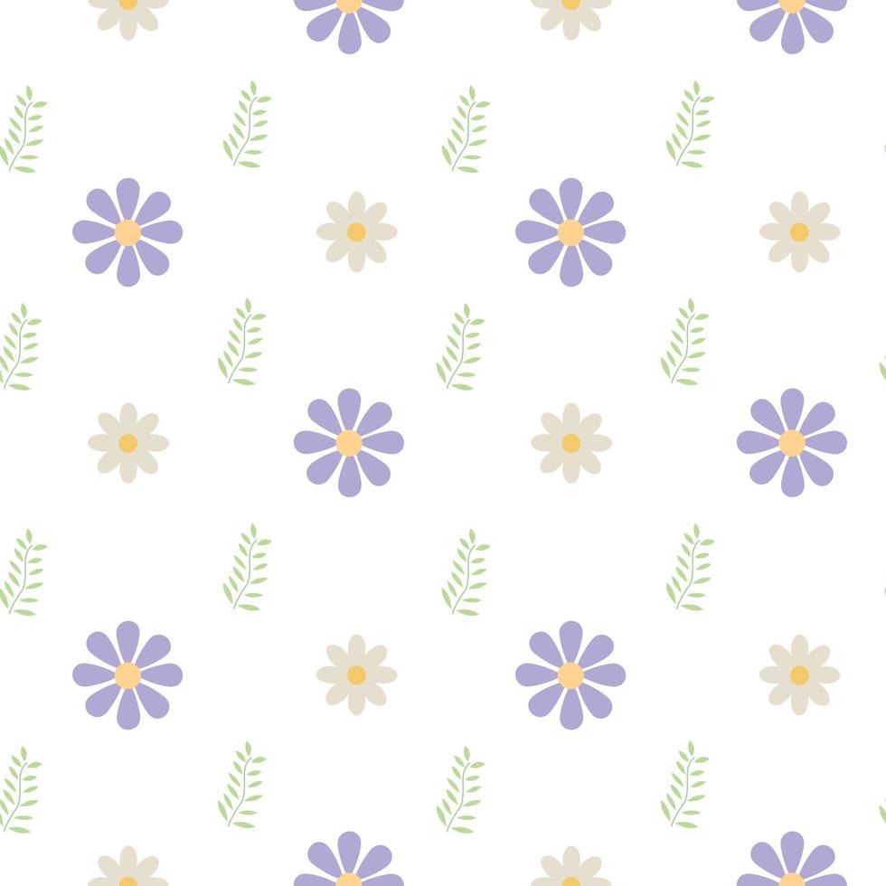 Vector seamless floral pattern of daisies White and purple flowers with green leaves on a transparent background