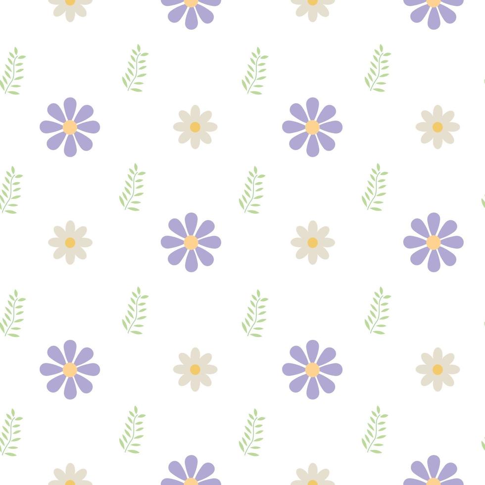 Vector seamless floral pattern of daisies White and purple flowers with green leaves on a transparent background