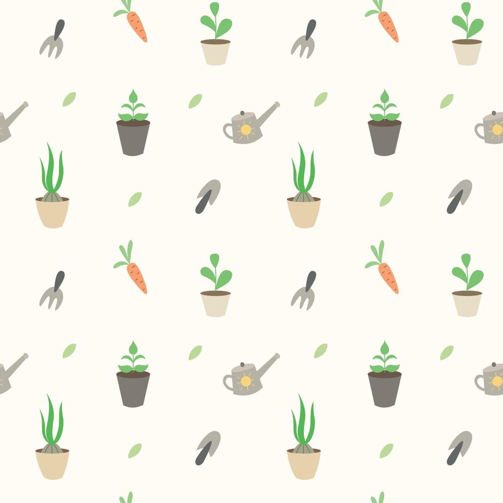 Vector seamless spring garden pattern of seedlings vegetables gardening tools and green leaves on a pale yellow background