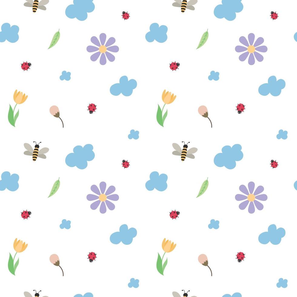 vector, seamless, patrón para niños, de, abejas, mariquitas, flores de primavera, y, nubes, en, un, fondo transparente vector