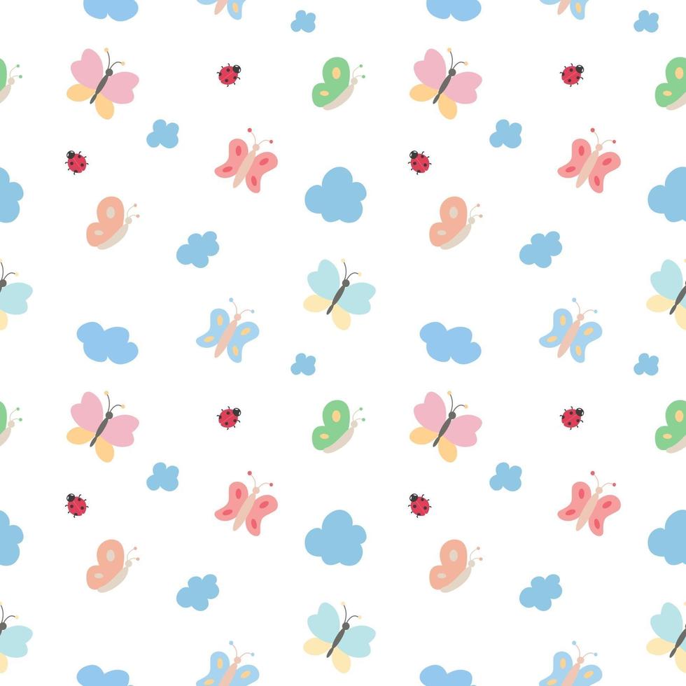 Vector seamless childrens pattern of multicolored butterflies ladybirds and blue clouds on a transparent background