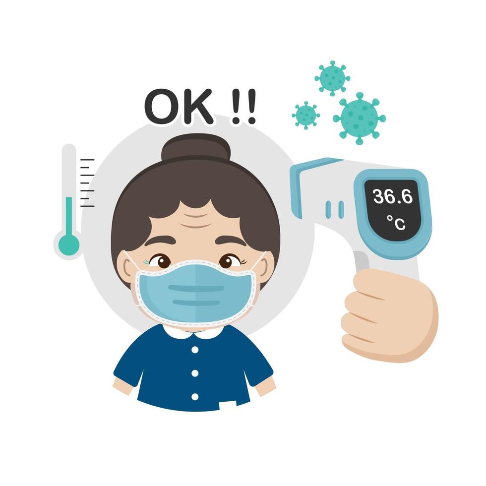 Senior measuring body temperature and wearing a face mask vector illustration