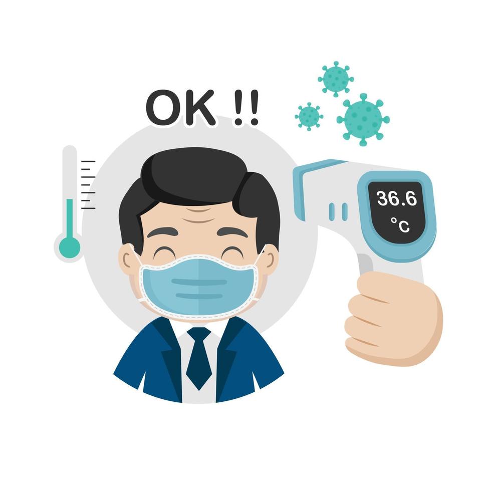 Man measuring body temperature and wearing a face mask vector illustration