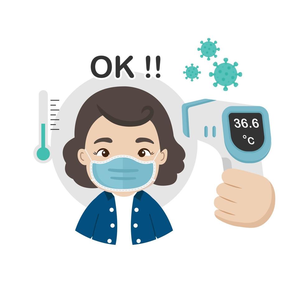 Woman measuring body temperature and wearing a face mask vector illustration