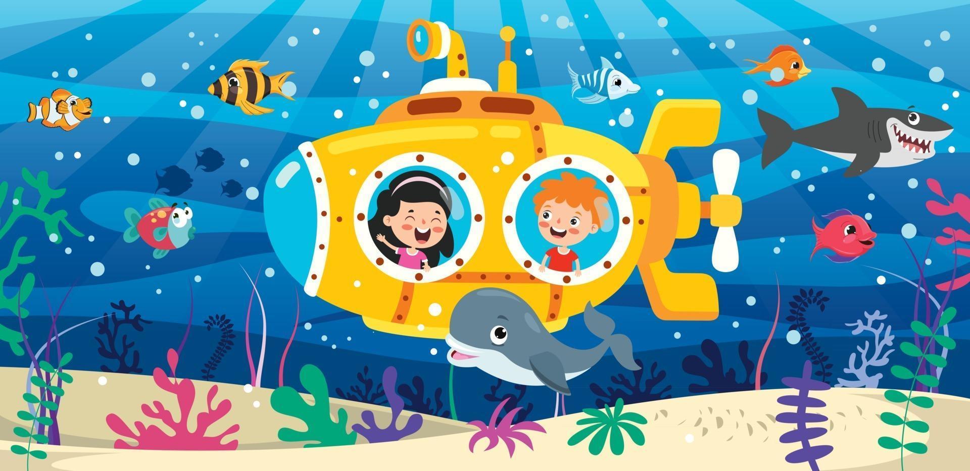 Cartoon Submarine Under The Sea vector