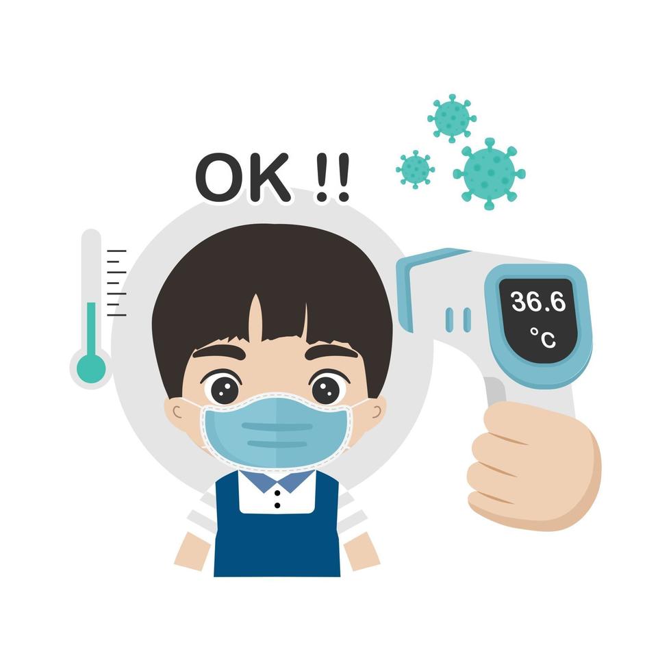 Kids measuring body temperature and wearing a face mask vector illustration