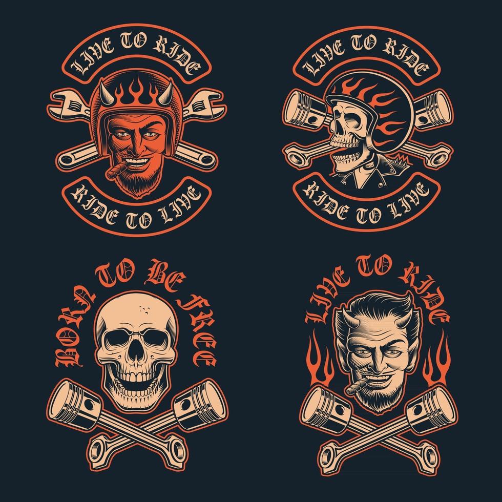 Vector illustrations of a biker devil with a cigar  Biker patch and Biker skull in the helmet