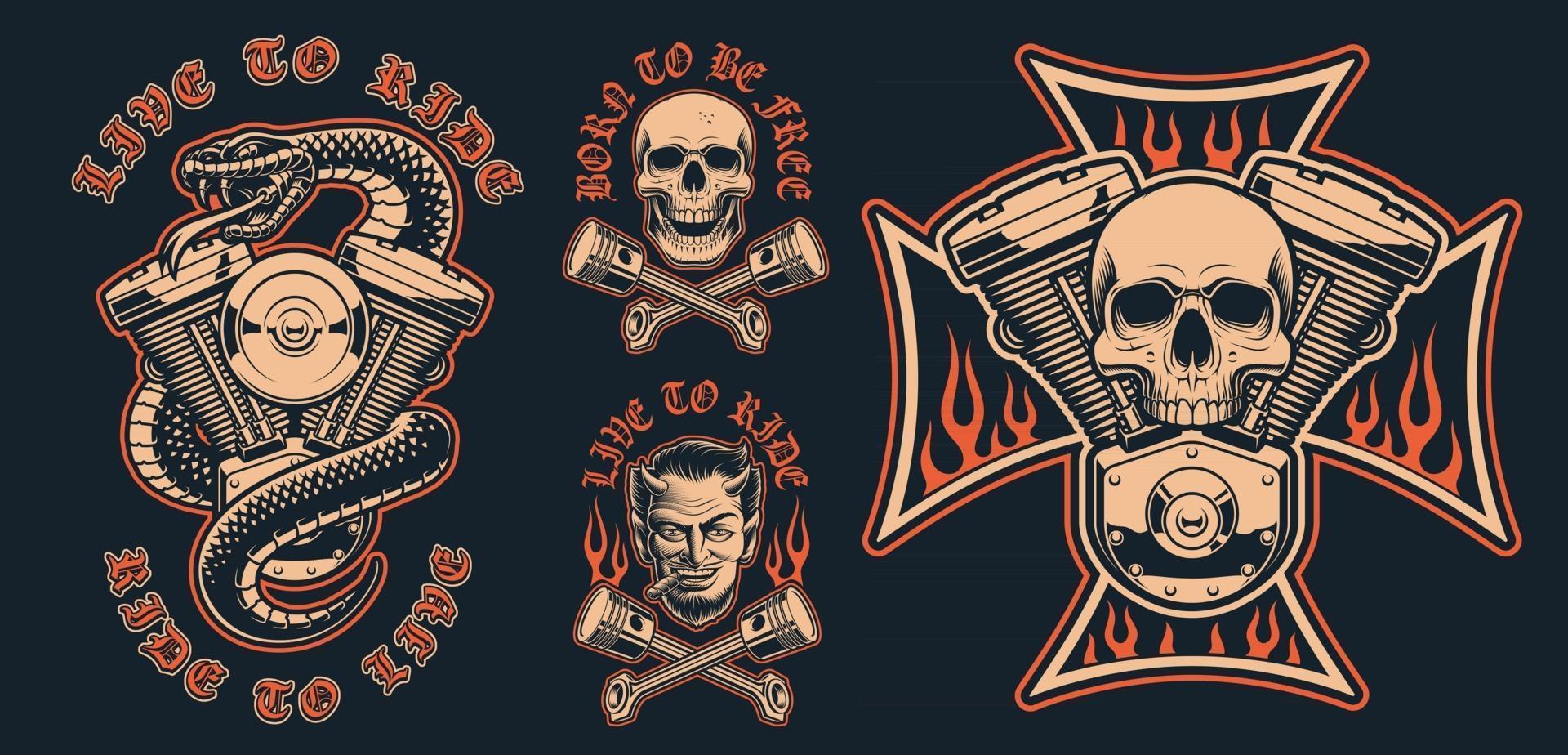 conjunto de emblemas de motociclista sobre un fondo oscuro vector