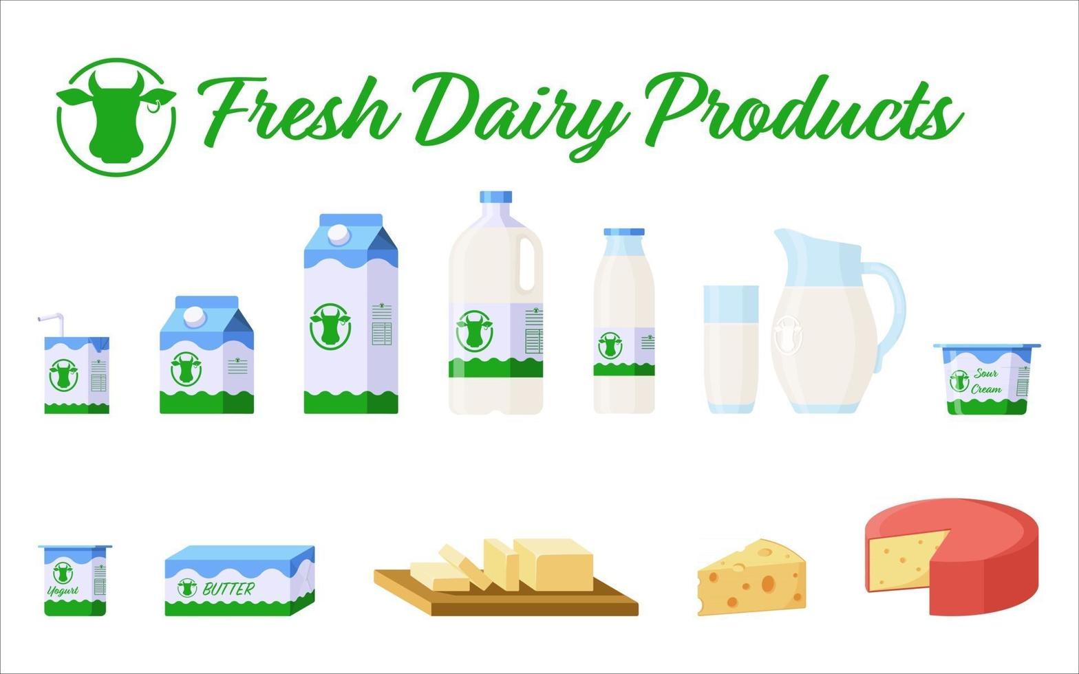 Milk and Dairy Products Flat Style Icons Set Isolated on White Background vector