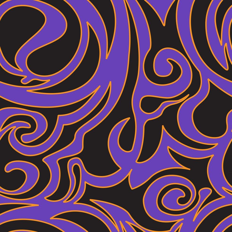 Seamless pattern of spirals and curls of black color on a purple background with orange edging vector