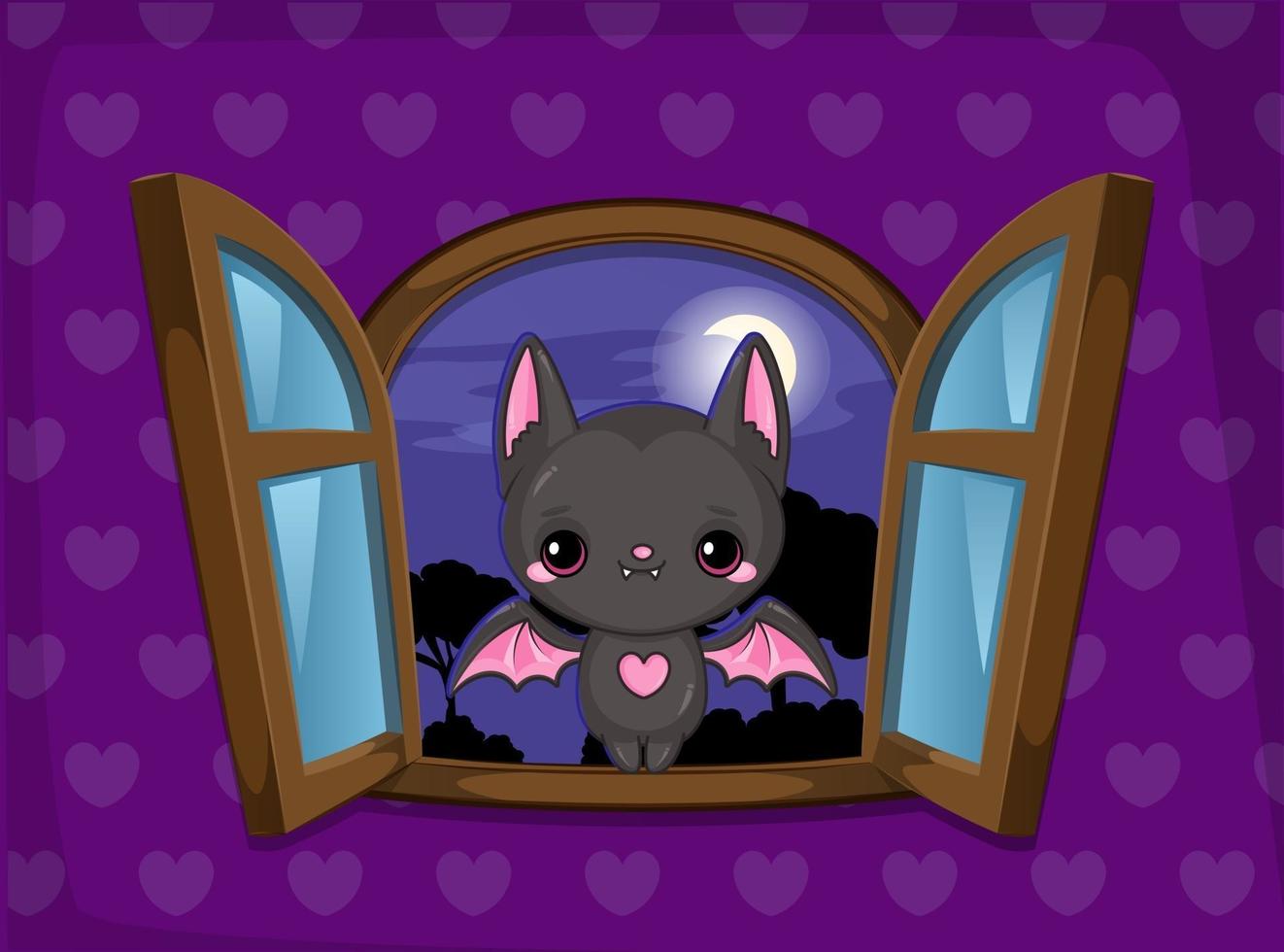 cute bat mascot in window night landscape vector
