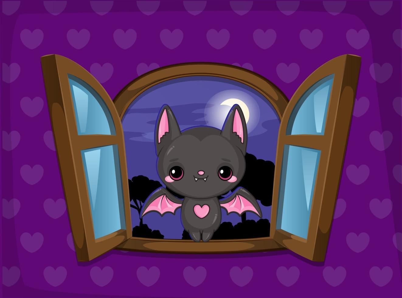 lindo murciélago mascota en ventana paisaje nocturno vector