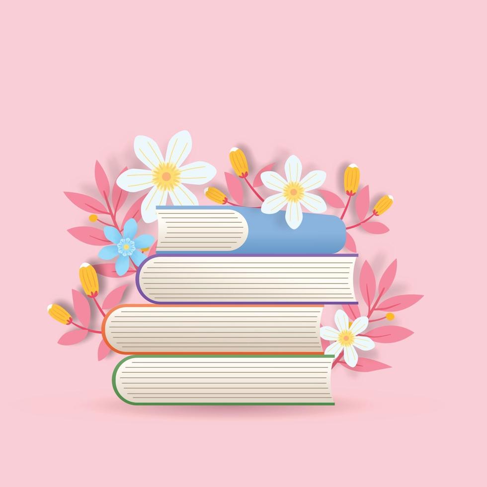 Ilustración colorida de pila de libros con flores aisladas sobre fondo de color rosa vector