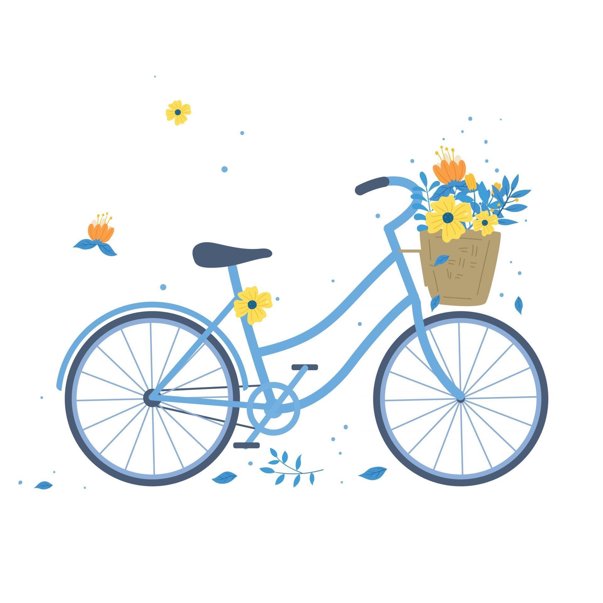 Hand drawn bicycle or bike carrying baskets with flowers and plants