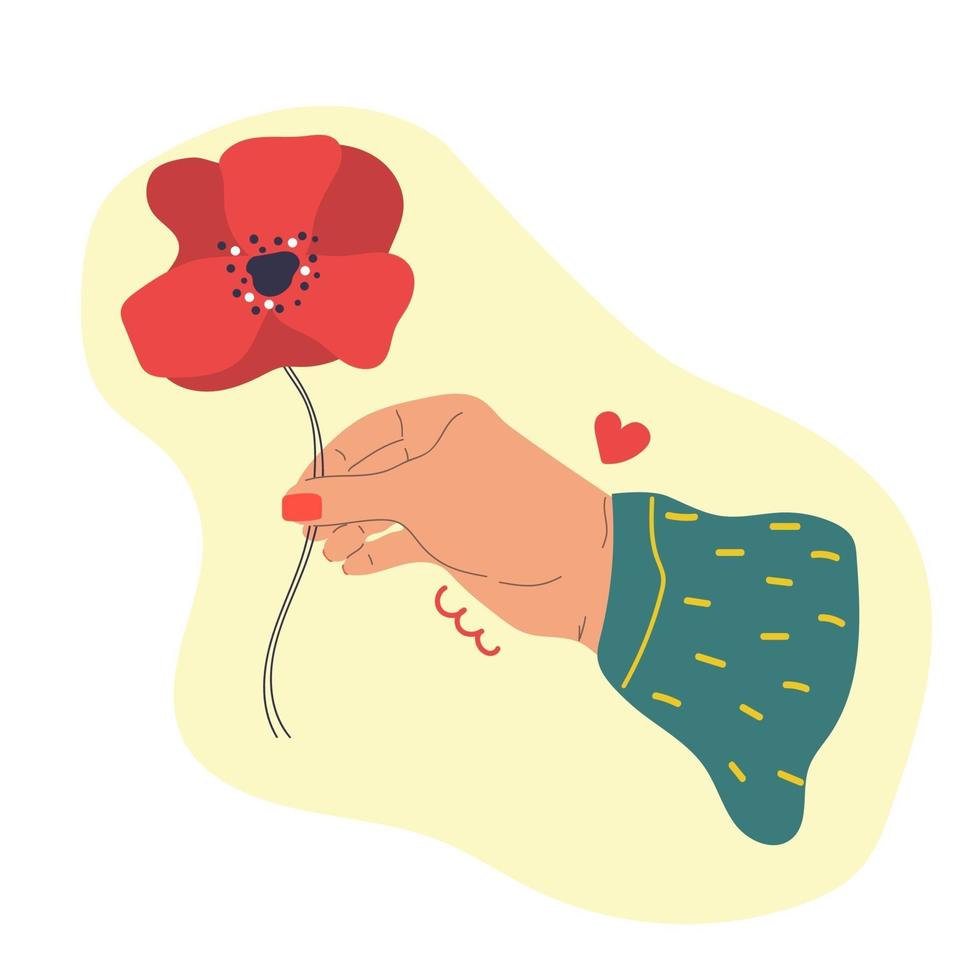 mano con flor de amapola linda ilustración plana vector