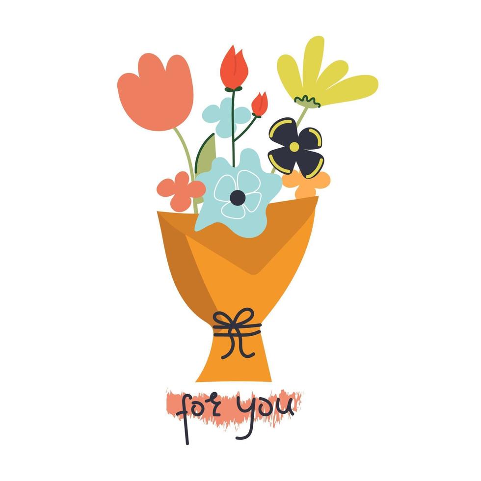 ramo de flores dibujado a mano y texto para usted ilustración plana para diseño de tarjetas de felicitación vector