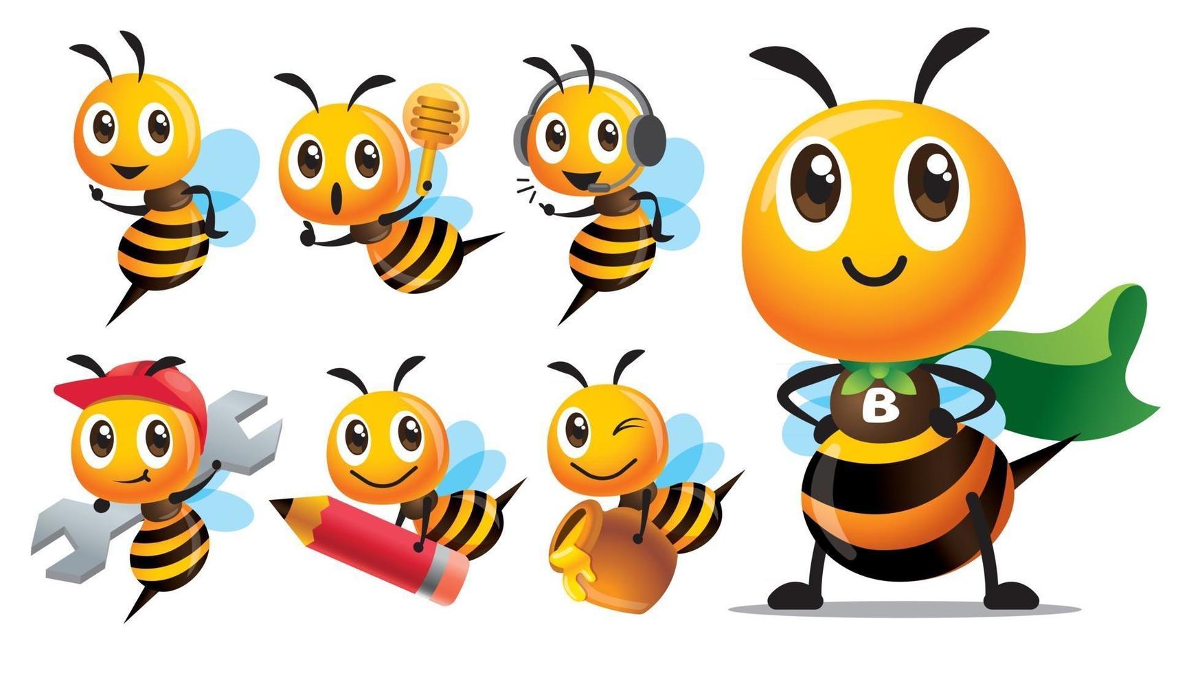 caricatura, lindo, superhéroe, abeja, con, capa, y, otro, abejas, en, diferente, poses vector