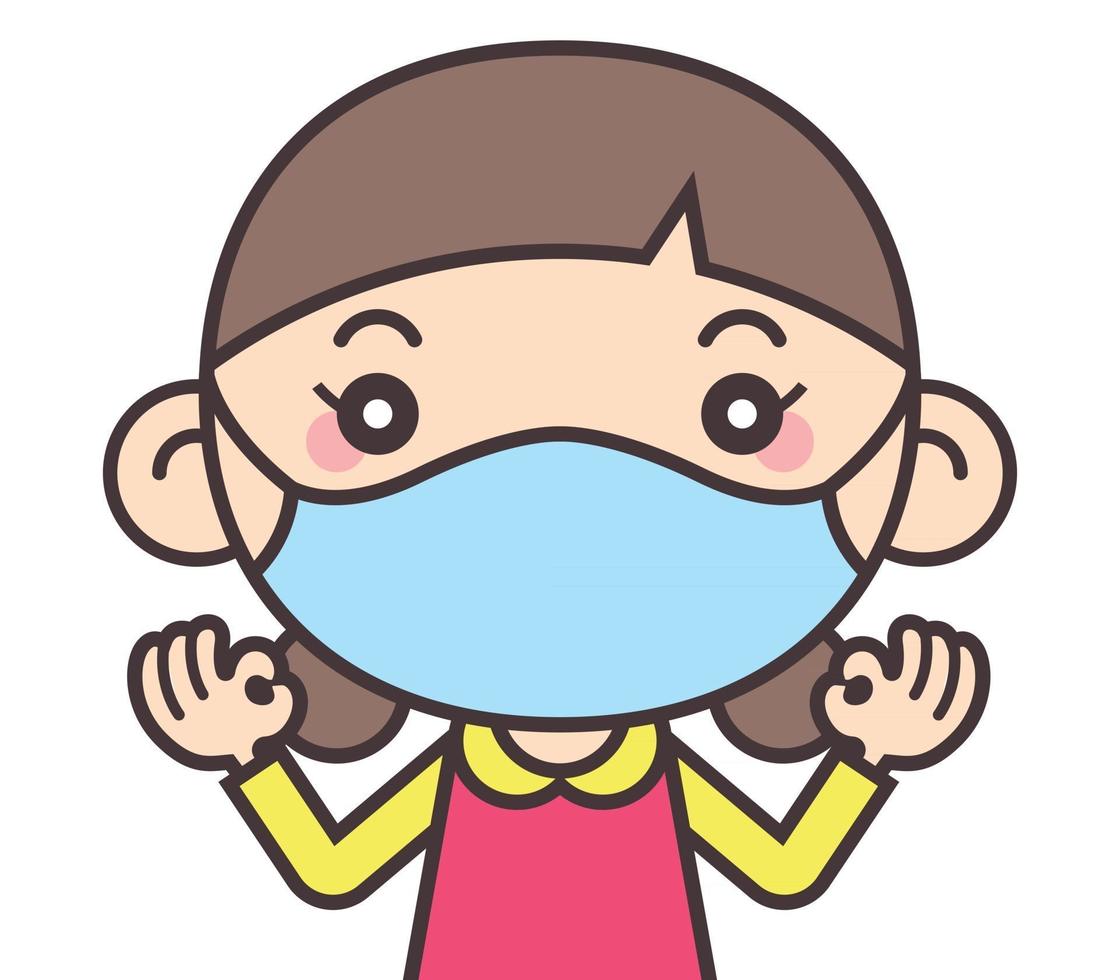 Cute little girl wearing face mask and showing okay hand signs vector