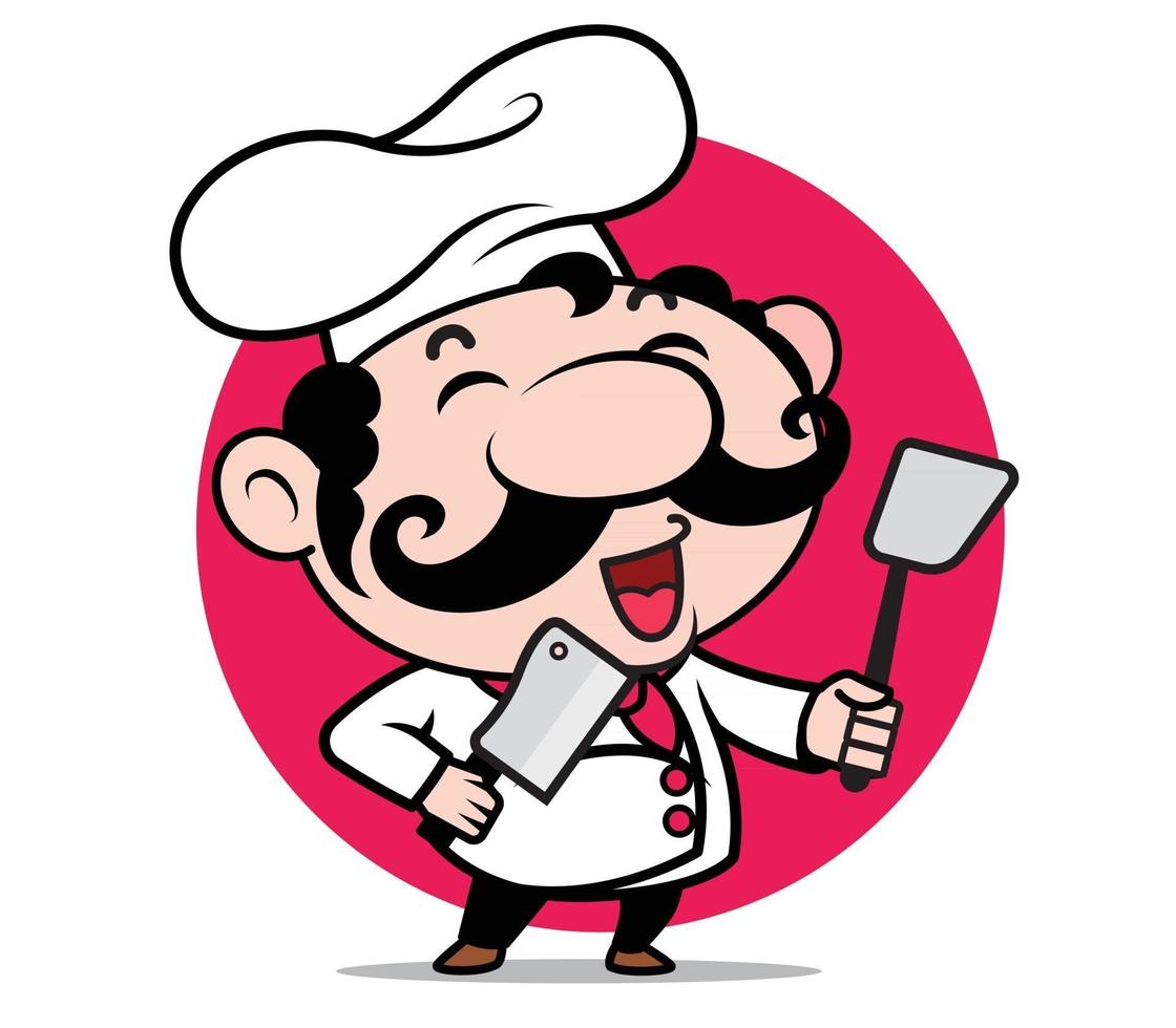 Cartoon cute Italian chef character with big moustache holding spatula and knife on red circle vector