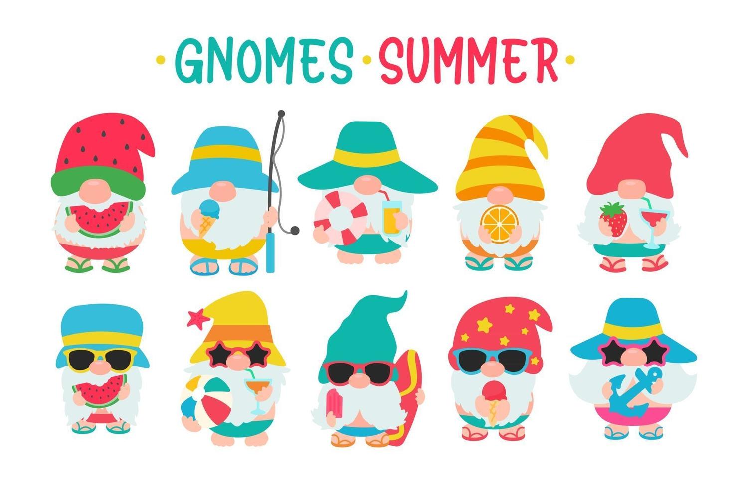 Gnomes Summer Gnomes wear hats and sunglasses for summer trips to the beach vector