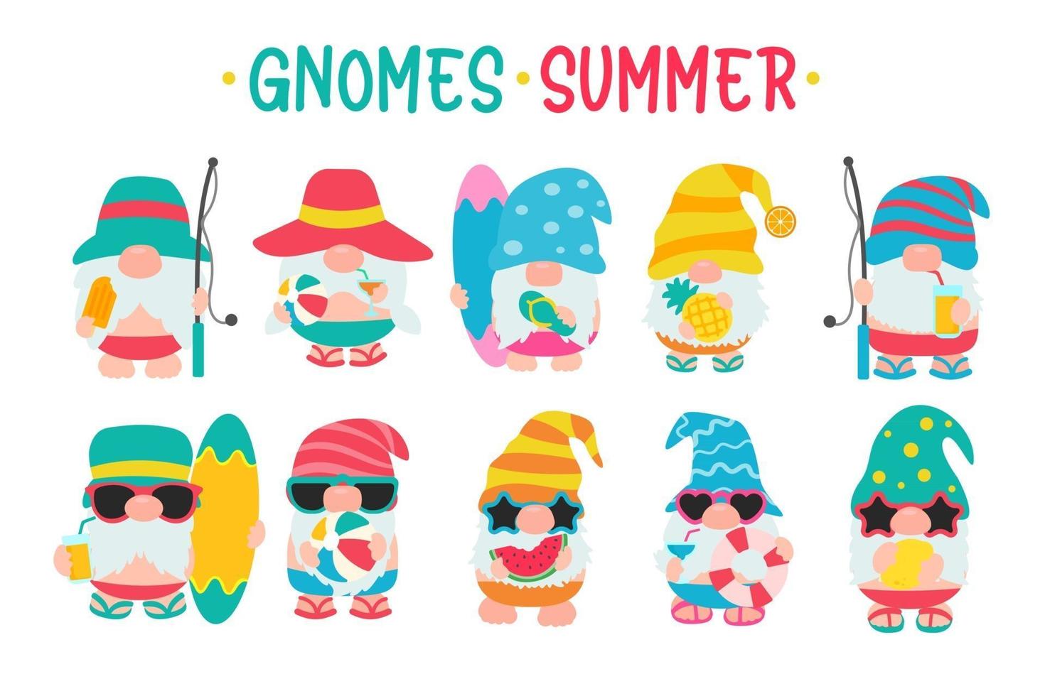 Gnomes Summer Gnomes wear hats and sunglasses for summer trips to the beach vector