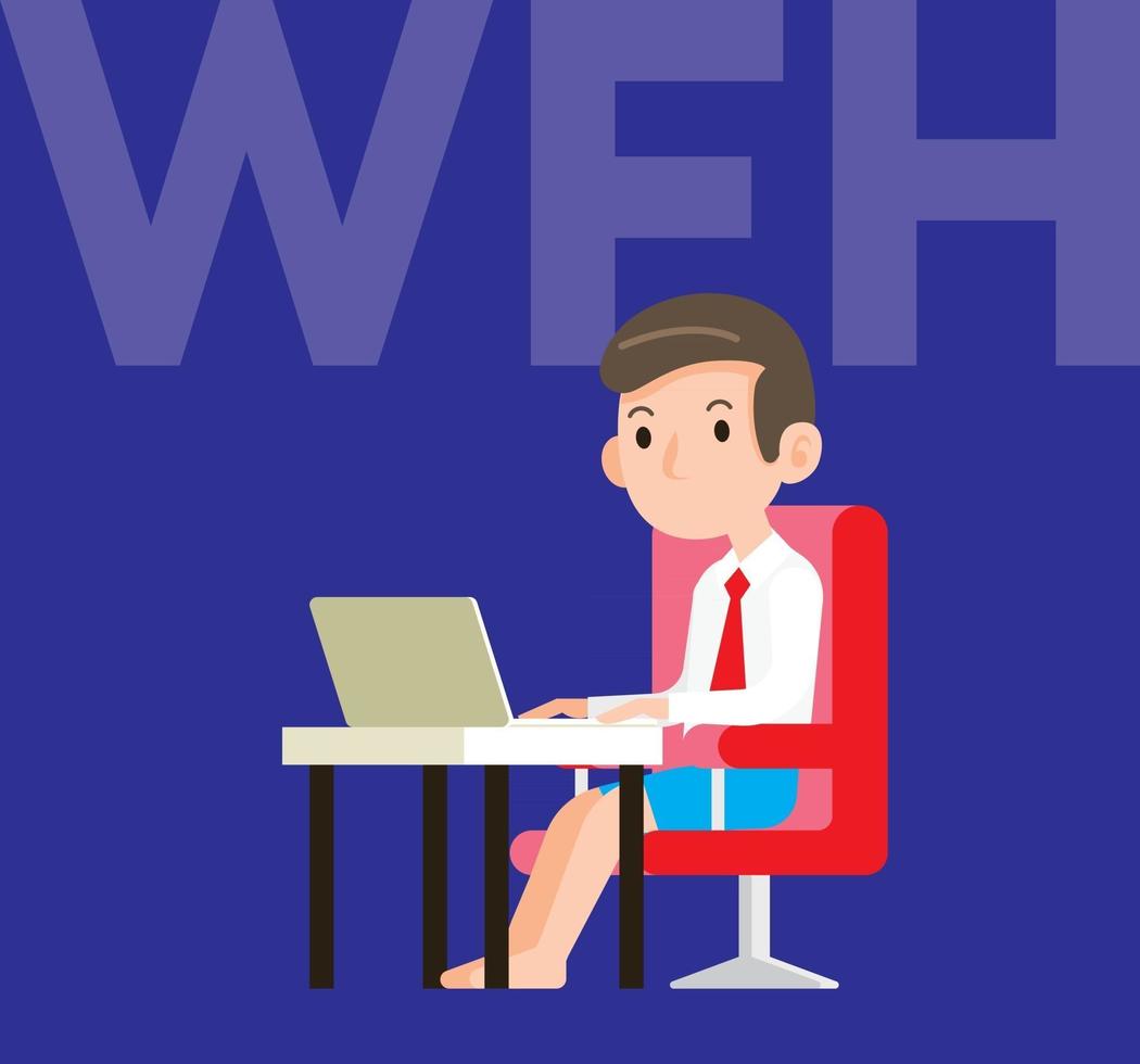 A young man wearing short pant and working with laptop at work desk vector