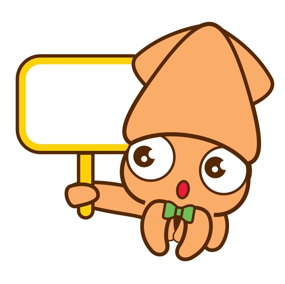 Cartoon cute squid with green bowtie holding empty white signboard vector