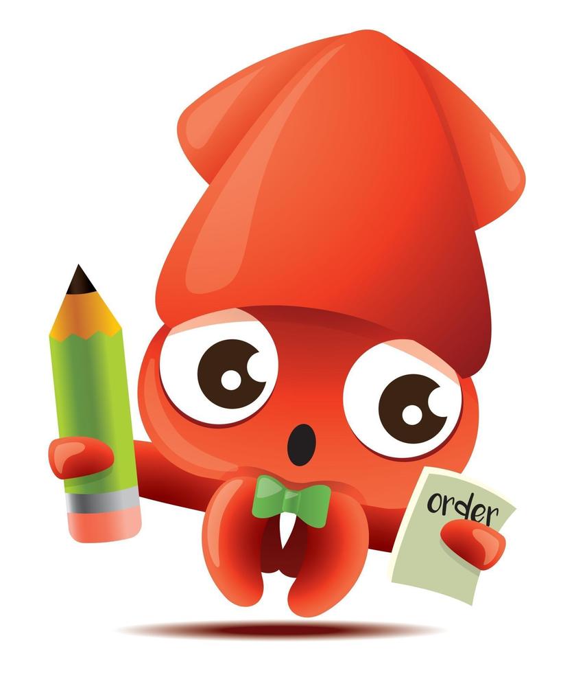 Cartoon squid character holding pencil and taking order vector