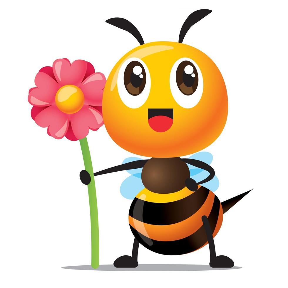 abeja linda de dibujos animados con una sonrisa sosteniendo una gran flor rosa para la celebración vector