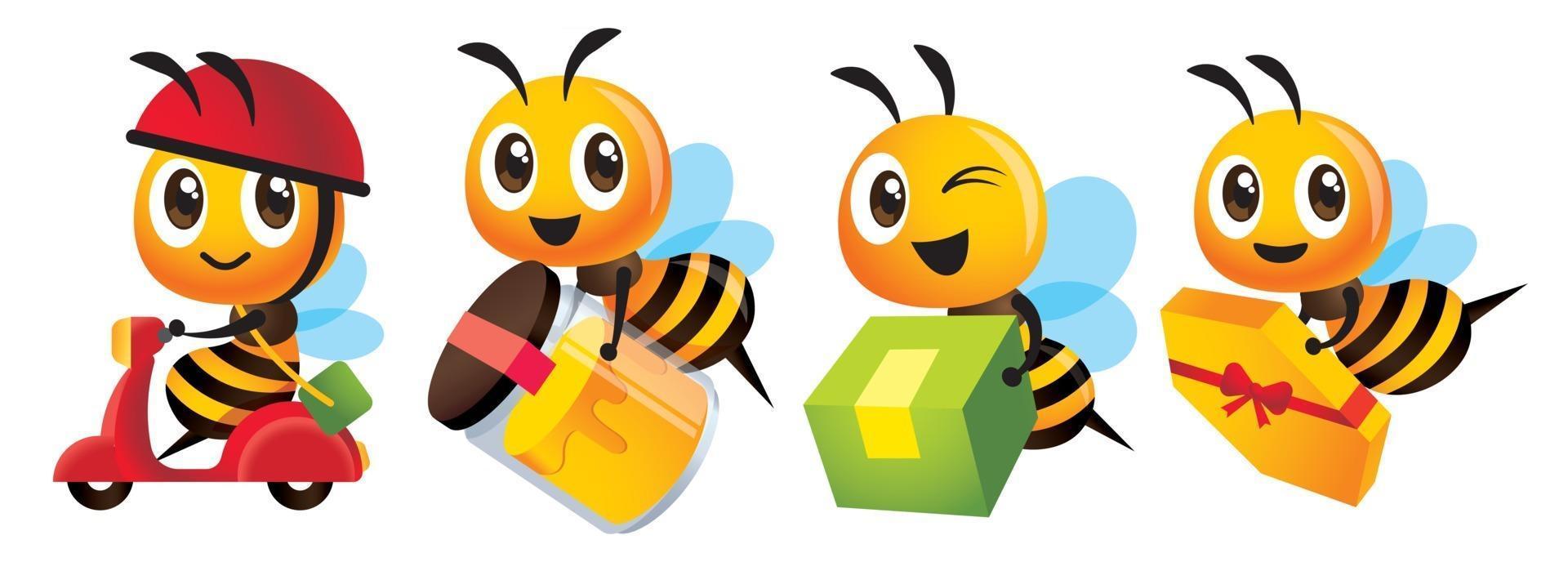 Cartoon cute bee deliver products set with ride scooter or carry organic honey bottle or gift box vector