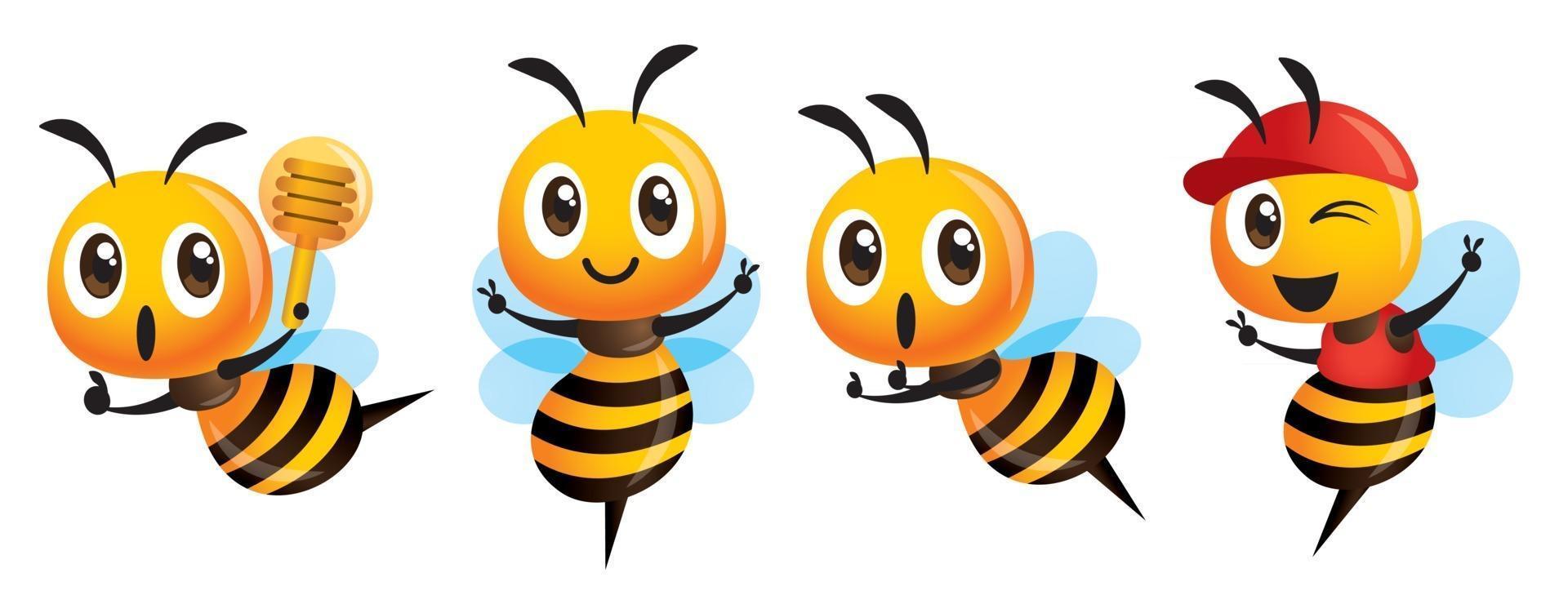 caricatura, lindo, abeja, mascota, conjunto, mostrando, victoria, señal, y, tenencia, un, miel, cazo vector