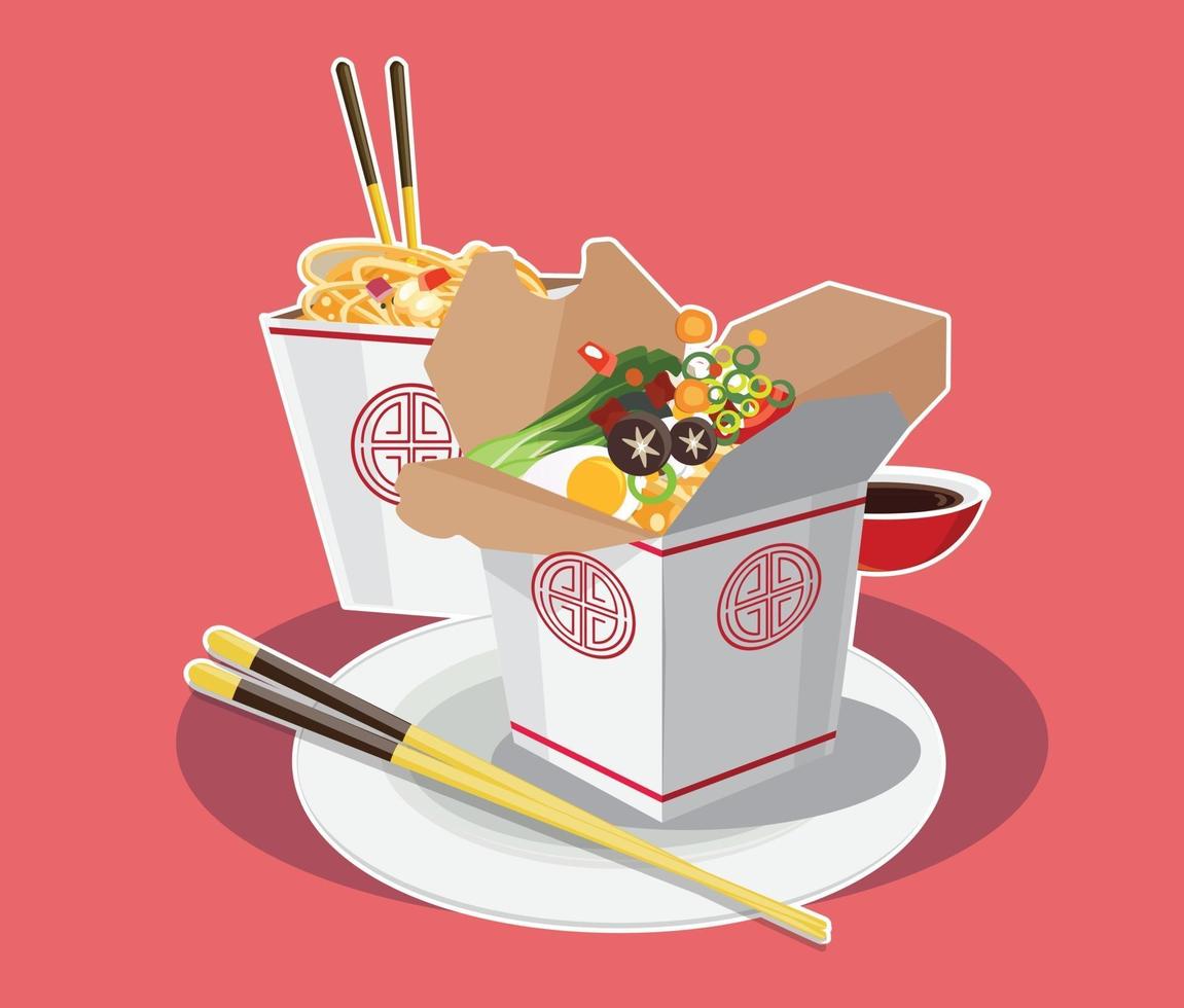 Sopa tradicional china con fideos, fideos ramen japoneses vector