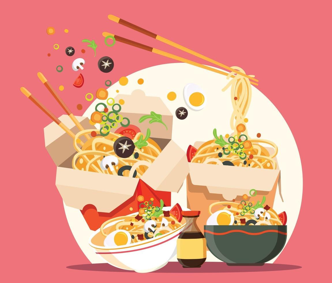 Sopa tradicional china con fideos, fideos ramen japoneses vector