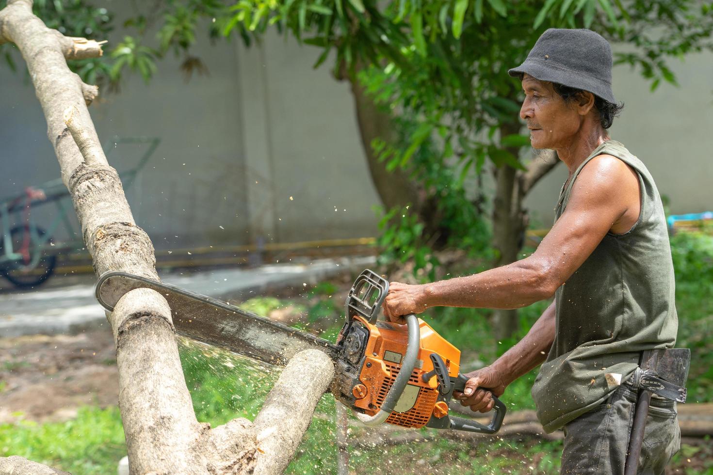 Retrato de arbolista cortando el tronco con motosierra con aserrín salpicando. Movimiento borroso de motosierra de aserrado foto