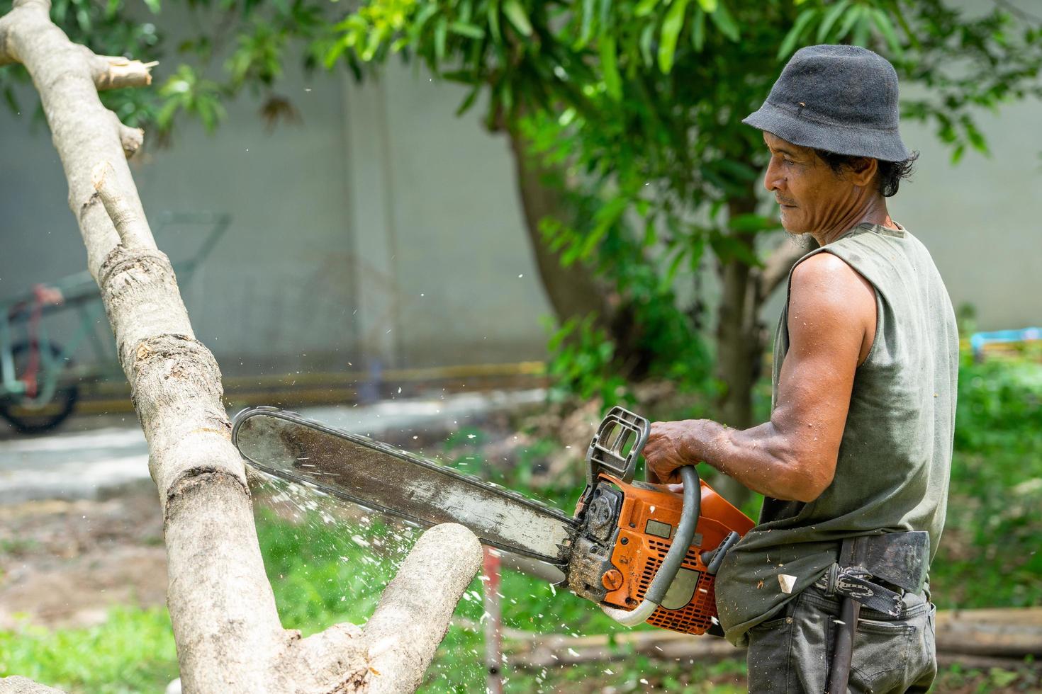 Portrait of arborist cutting the log by chainsaw machine with sawdust splashing around. Motion blurred of sawing chainsaw photo