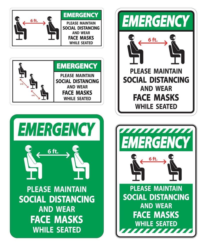 Emergencia mantener el distanciamiento social desgaste mascarillas firmar sobre fondo blanco. vector